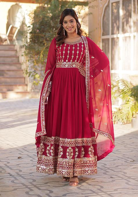 Rani Pink Embroidered Cotton Anarkali Kurta Set