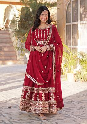 Maroon Embroidered Cotton Anarkali Kurta Set