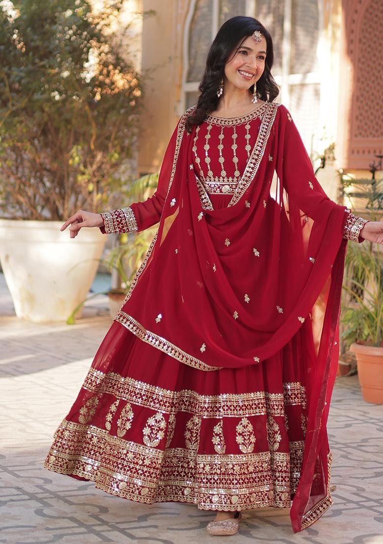 Maroon Embroidered Cotton Anarkali Kurta Set