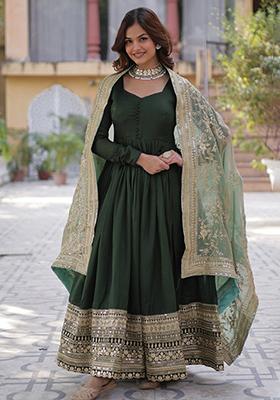 Green Embroidered Cotton Anarkali Kurta Set