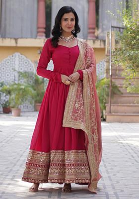 Rani Pink Embroidered Cotton Anarkali Kurta Set