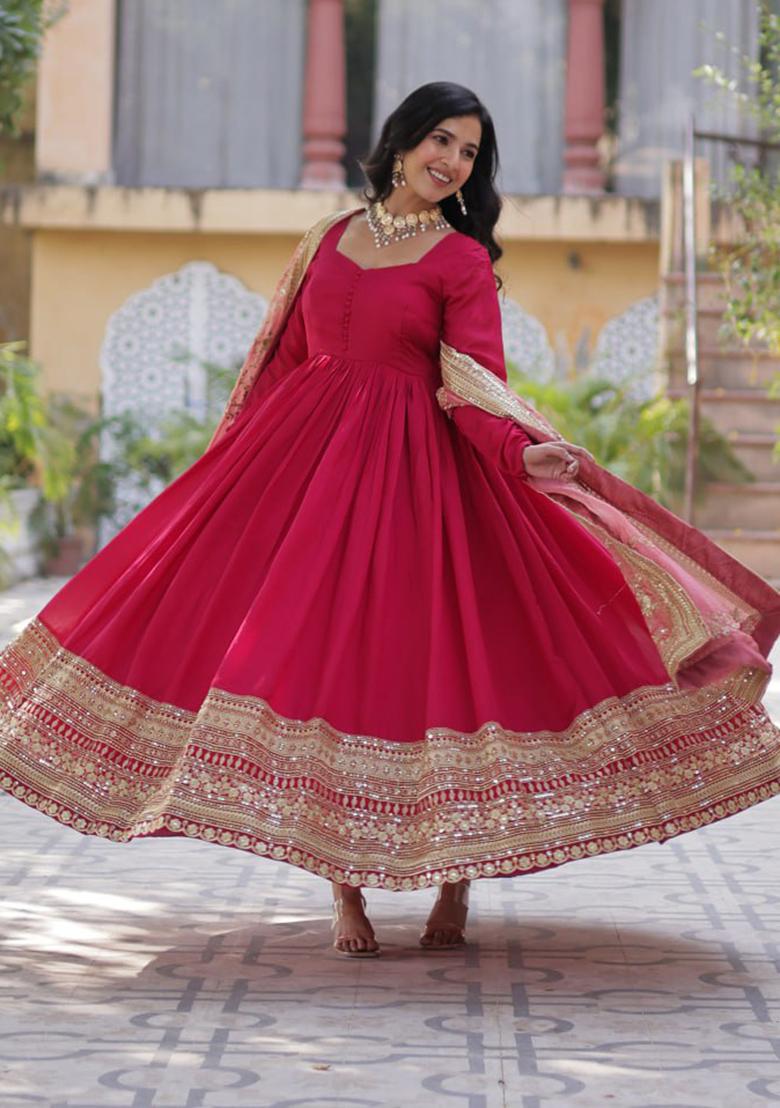 Rani Pink Embroidered Cotton Anarkali Kurta Set