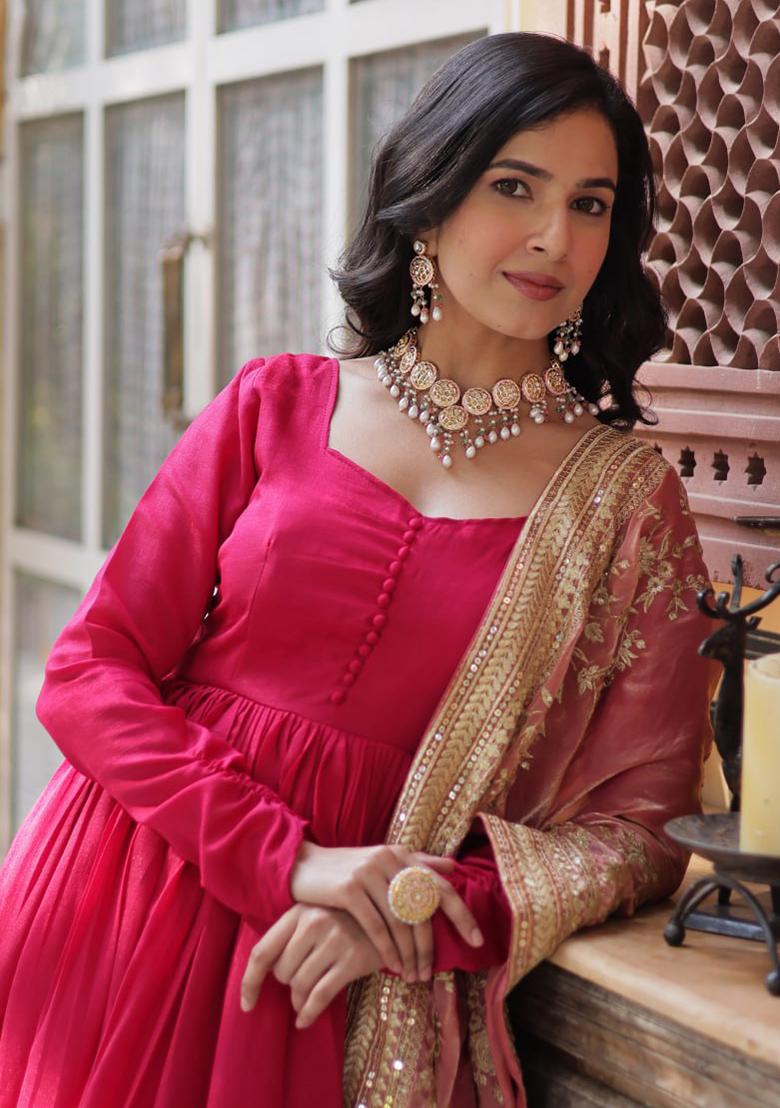 Rani Pink Embroidered Cotton Anarkali Kurta Set