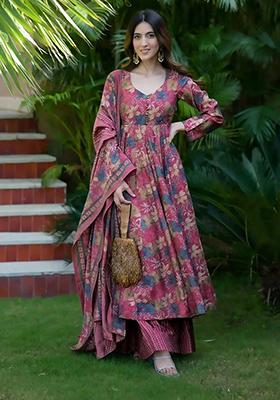 Pink Abstract Print Silk Kurta Set