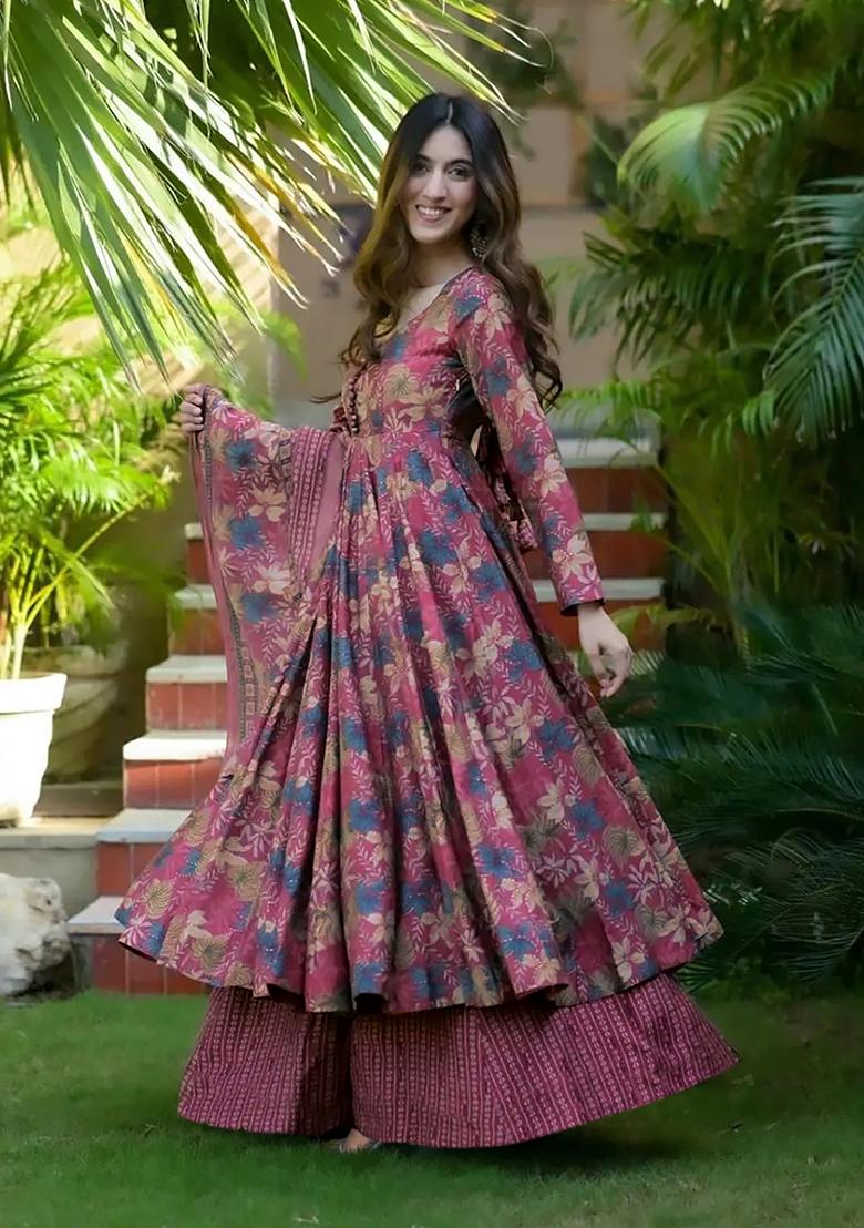 Pink Abstract Print Silk Kurta Set