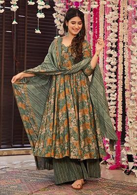 Green Abstract Print Silk Kurta Set