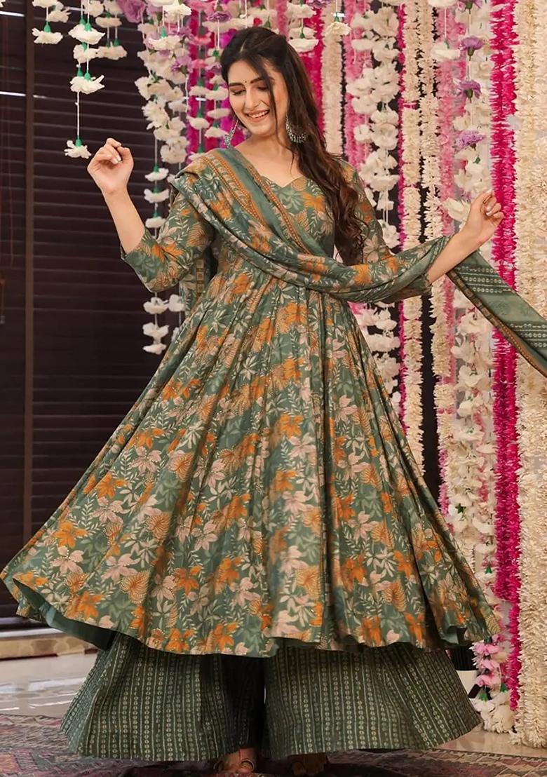 Green Abstract Print Silk Kurta Set