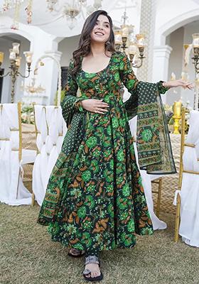 Green Abstract Print Silk Kurta Set
