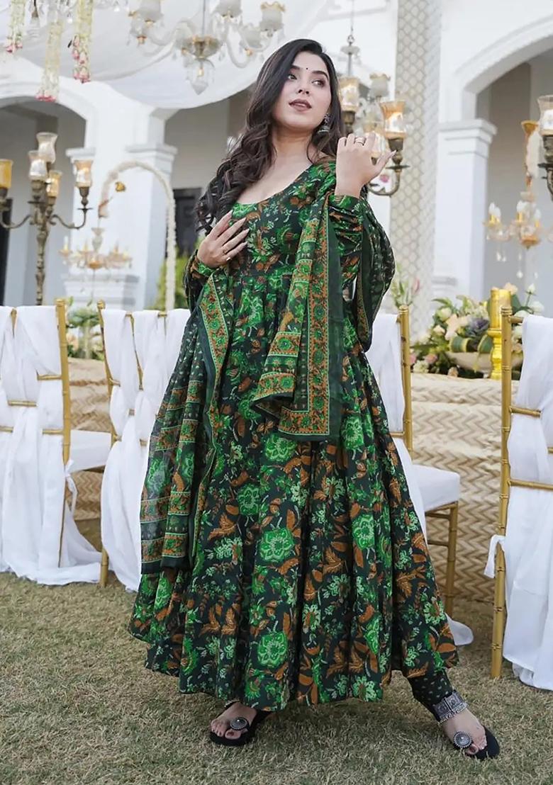 Green Abstract Print Silk Kurta Set
