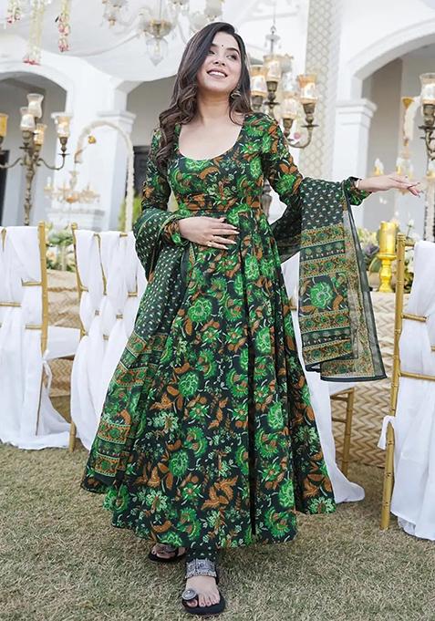 Green Floral Print Silk Anarkali Set — view on Indya