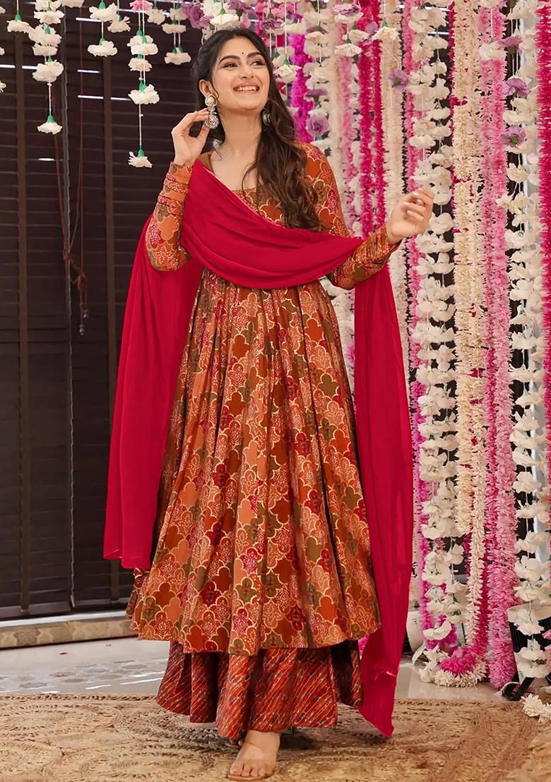 Brown Abstract Print Silk Kurta Set