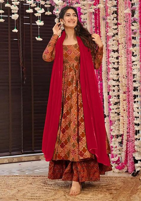 Brown Abstract Print Silk Kurta Set