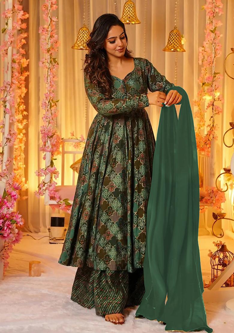 Green Abstract Print Silk Kurta Set