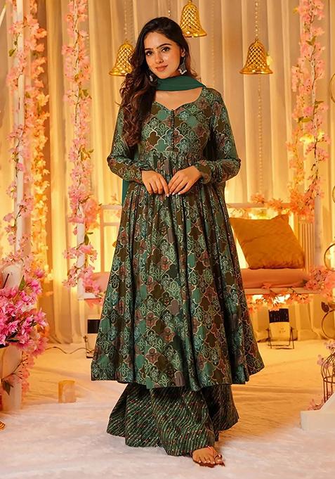 Green Printed Silk Sharara Set