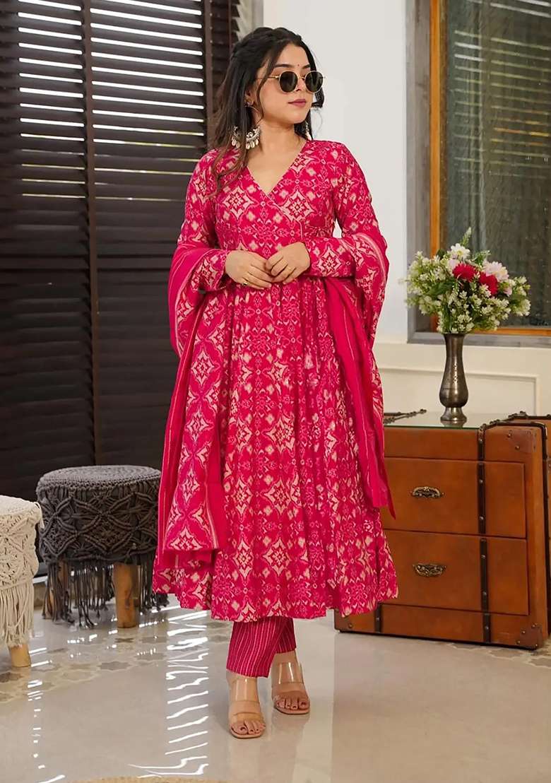 Pink Printed Silk Anarkali Set - Indya