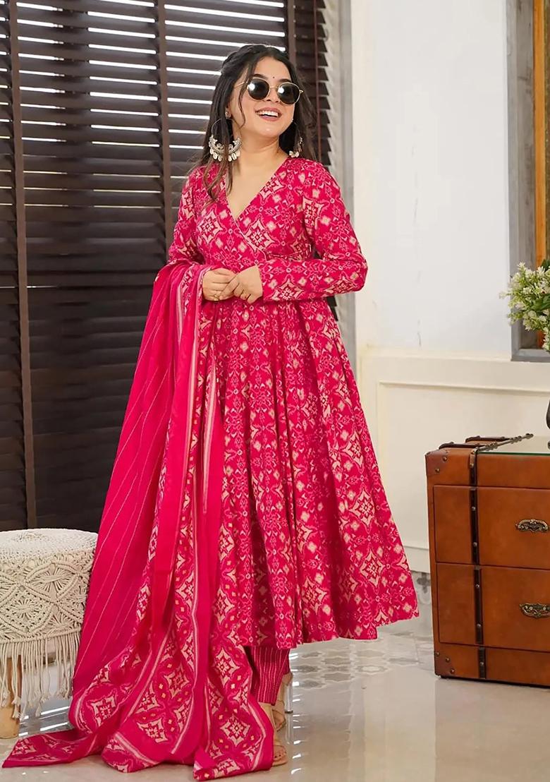 Pink Abstract Print Silk Kurta Set