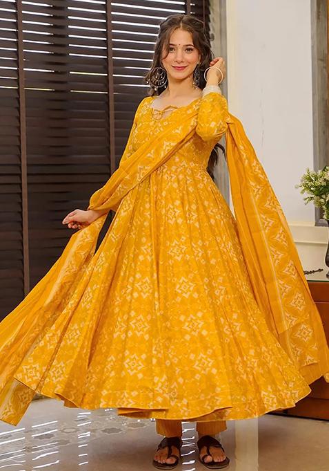 Yellow Abstract Print Silk Kurta Set