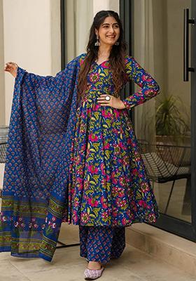 Blue Abstract Print Silk Kurta Set