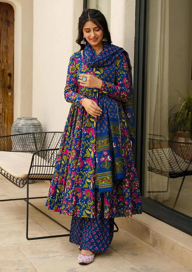 Blue Abstract Print Silk Kurta Set