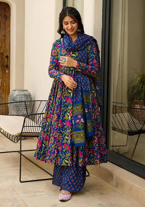 Blue Abstract Print Silk Kurta Set