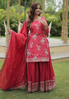 Maroon Sequins Embroidered chiffon Kurta Set