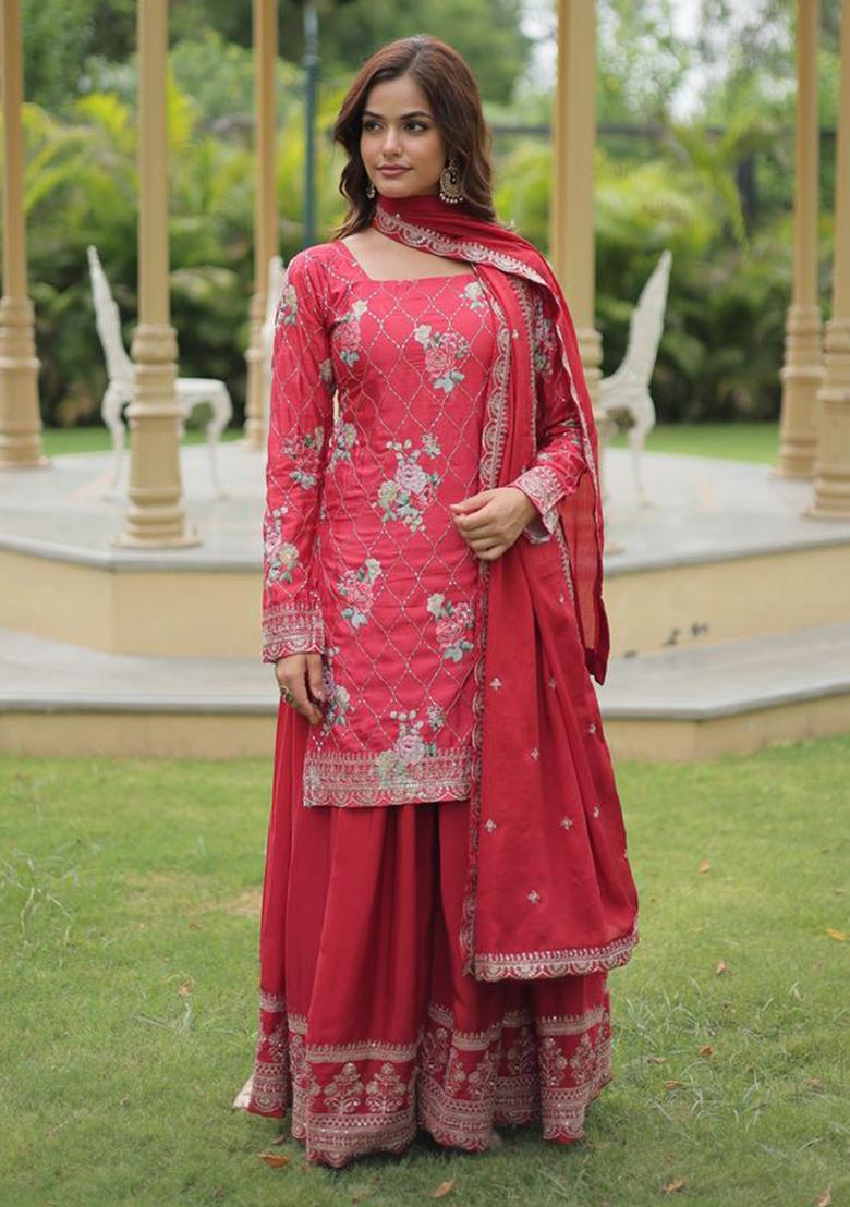 Maroon Sequins Embroidered chiffon Kurta Set