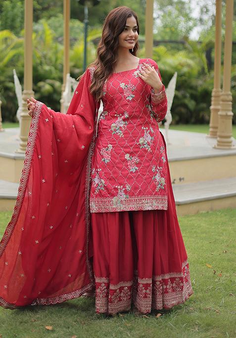 Maroon Sequins Embroidered chiffon Kurta Set