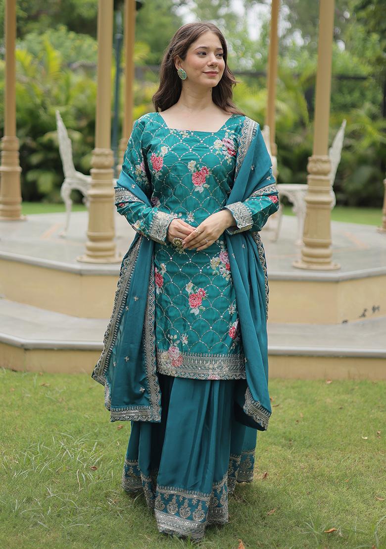Green Sequins Embroidered chiffon Kurta Set