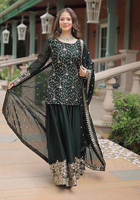 Green Sequins Embroidered Silk Kurta Set