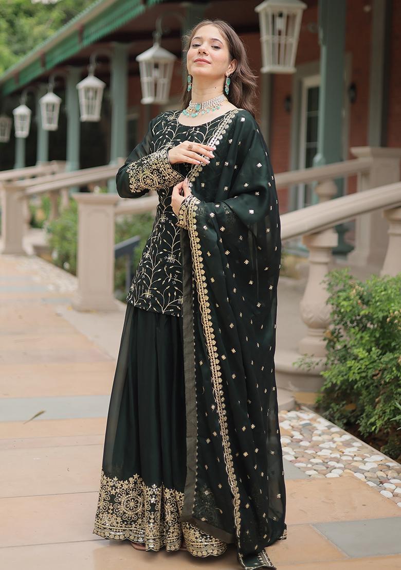 Green Sequins Embroidered Silk Kurta Set