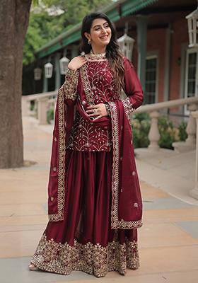 Maroon Sequins Embroidered Silk Kurta Set
