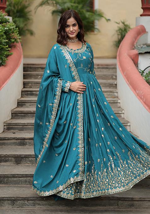 Blue Sequins Embroidered chiffon Kurta Set