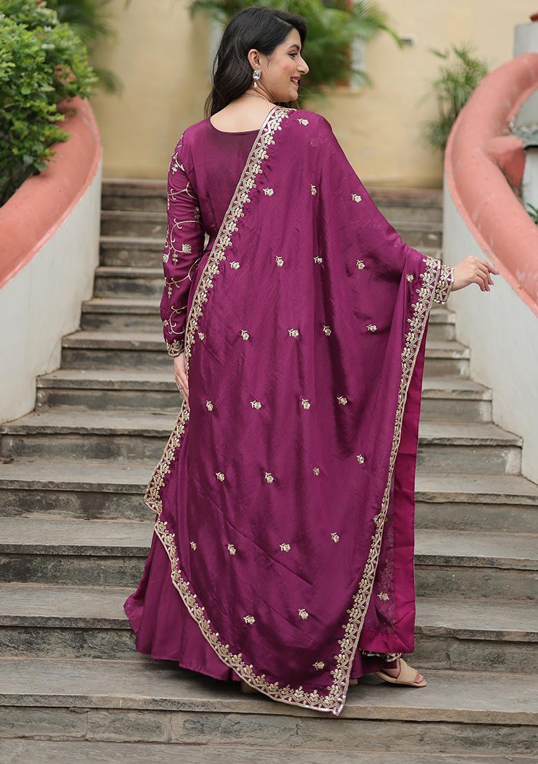 Wine Sequins Embroidered chiffon Kurta Set