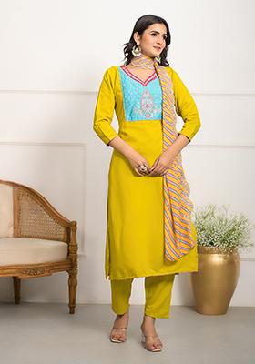 Yellow Embroidered Viscose Kurta Set