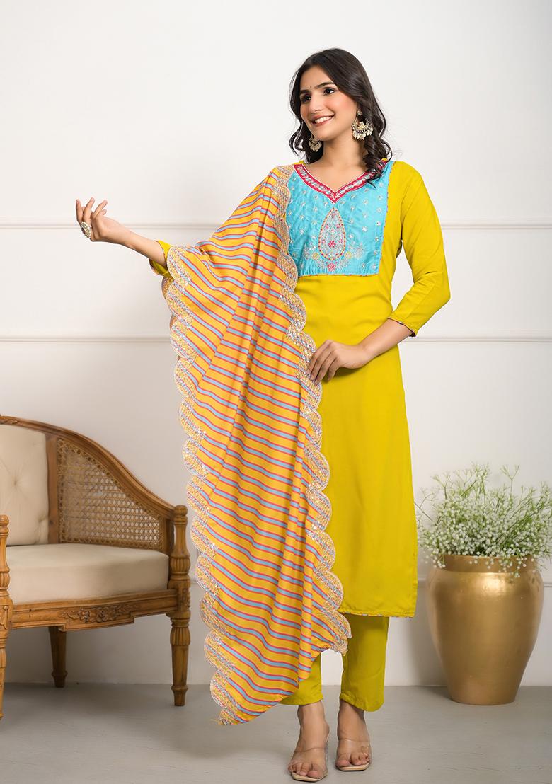 Yellow Embroidered Viscose Kurta Set