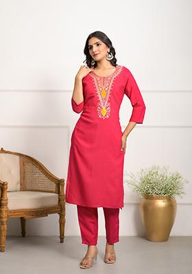 Pink Embroidered Viscose Kurta Set