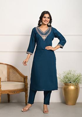 Teal Embroidered Chanderi Kurta Set