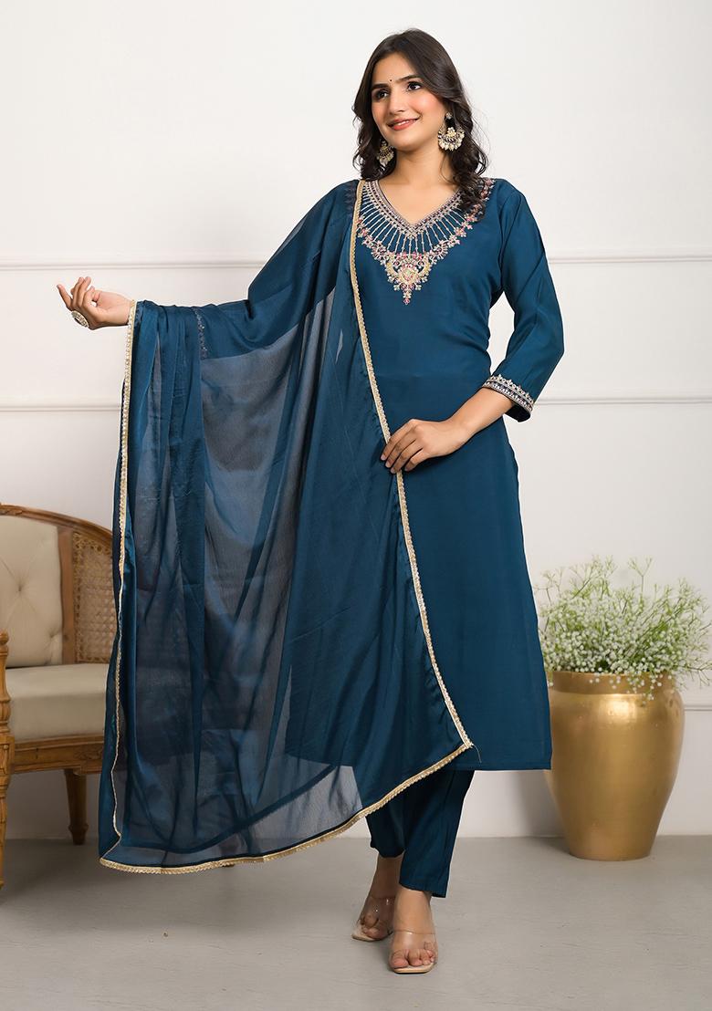 Teal Embroidered Chanderi Kurta Set