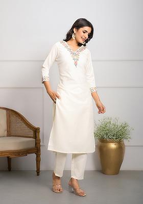 Off White Embroidered Viscose Kurta Set
