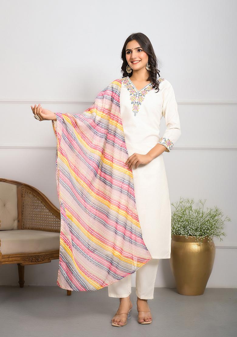 Off White Embroidered Viscose Kurta Set