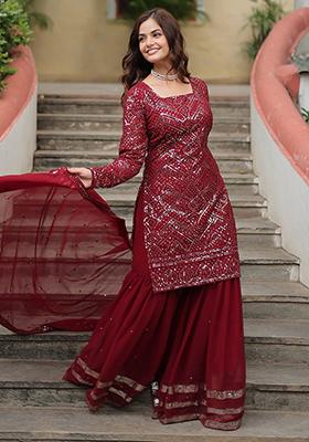 Maroon Sequins Embroidered Georgette Kurta Set