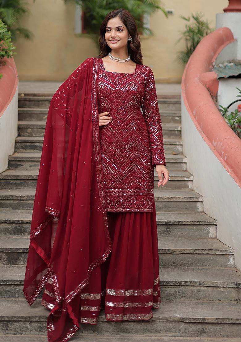 Maroon Sequins Embroidered Georgette Kurta Set