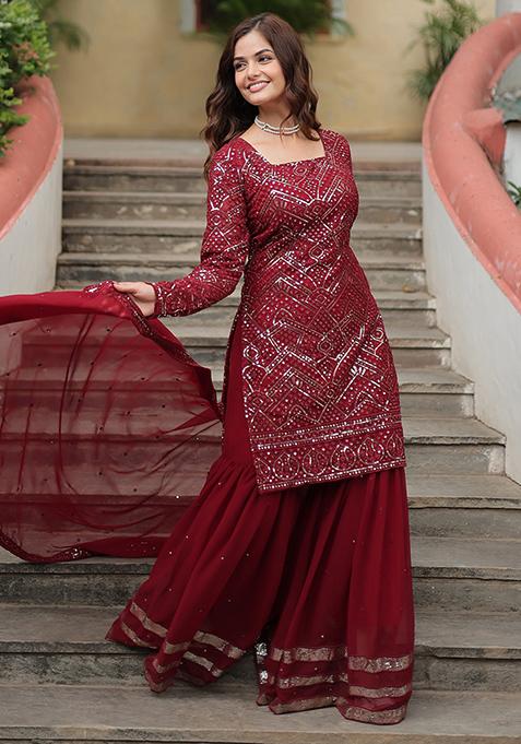 Maroon Sequins Embroidered Georgette Kurta Set