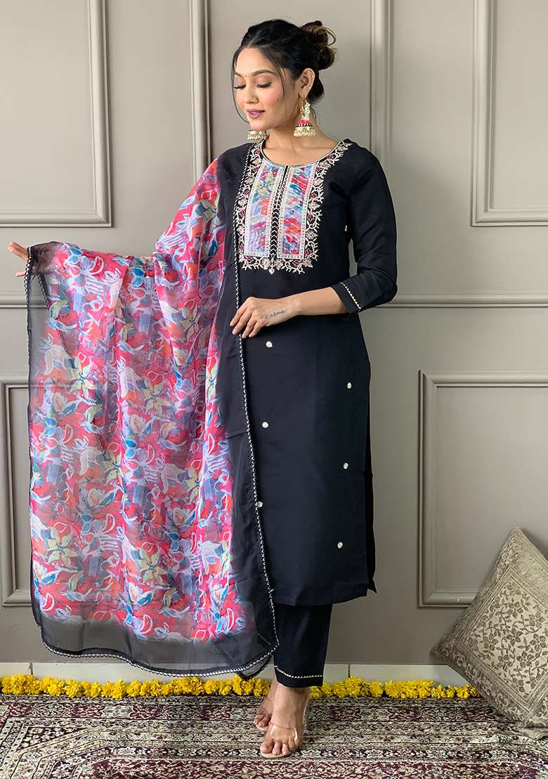 Black Embroidered Rayon Straight Kurta Set - Indya