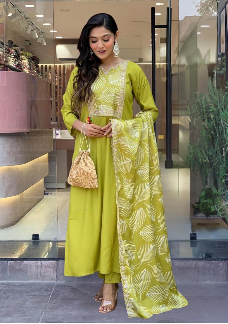 Yellow Embroidered Viscose Kurta Set