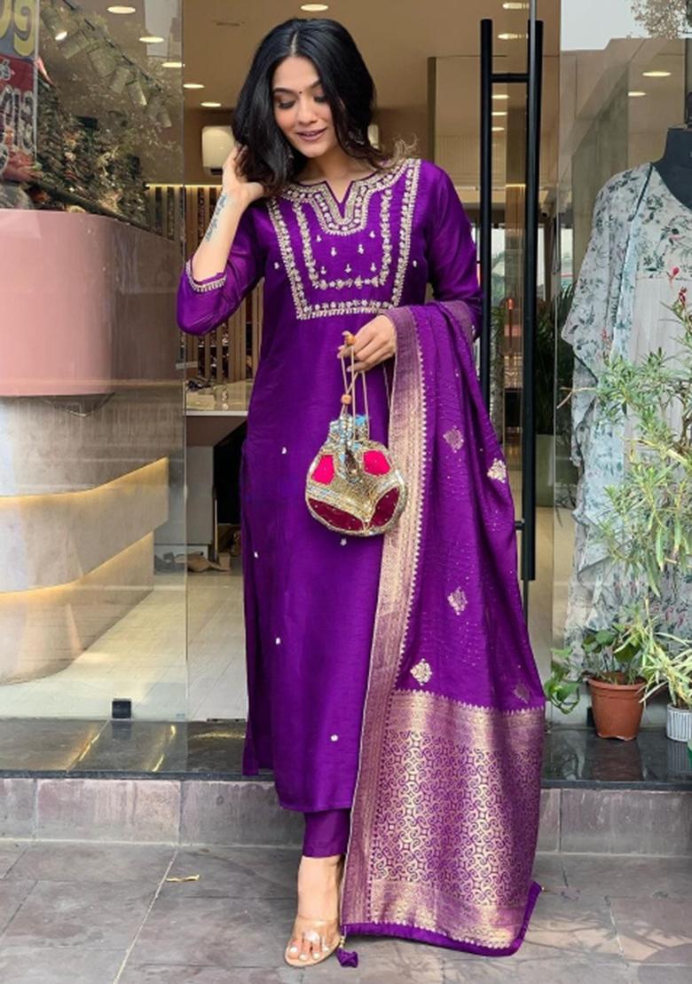Purple Embroidered Chanderi Kurta Set