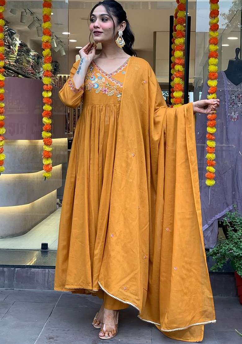 Orange Embroidered Chanderi Anarkali Set - Indya
