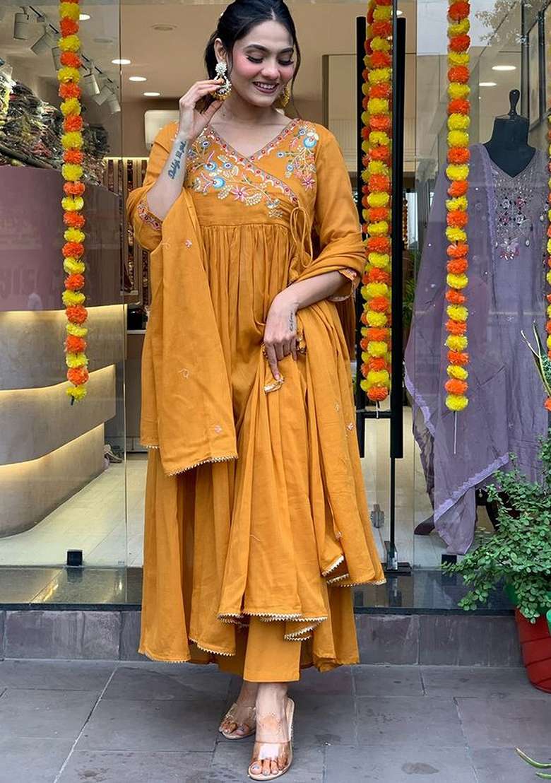 Orange Embroidered Chanderi Anarkali Set - Indya