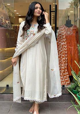 Cream Embroidered Chanderi Kurta Set