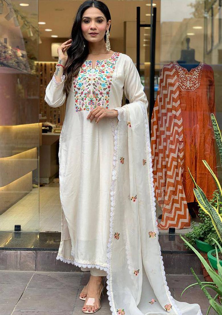 Cream Embroidered Chanderi Kurta Set